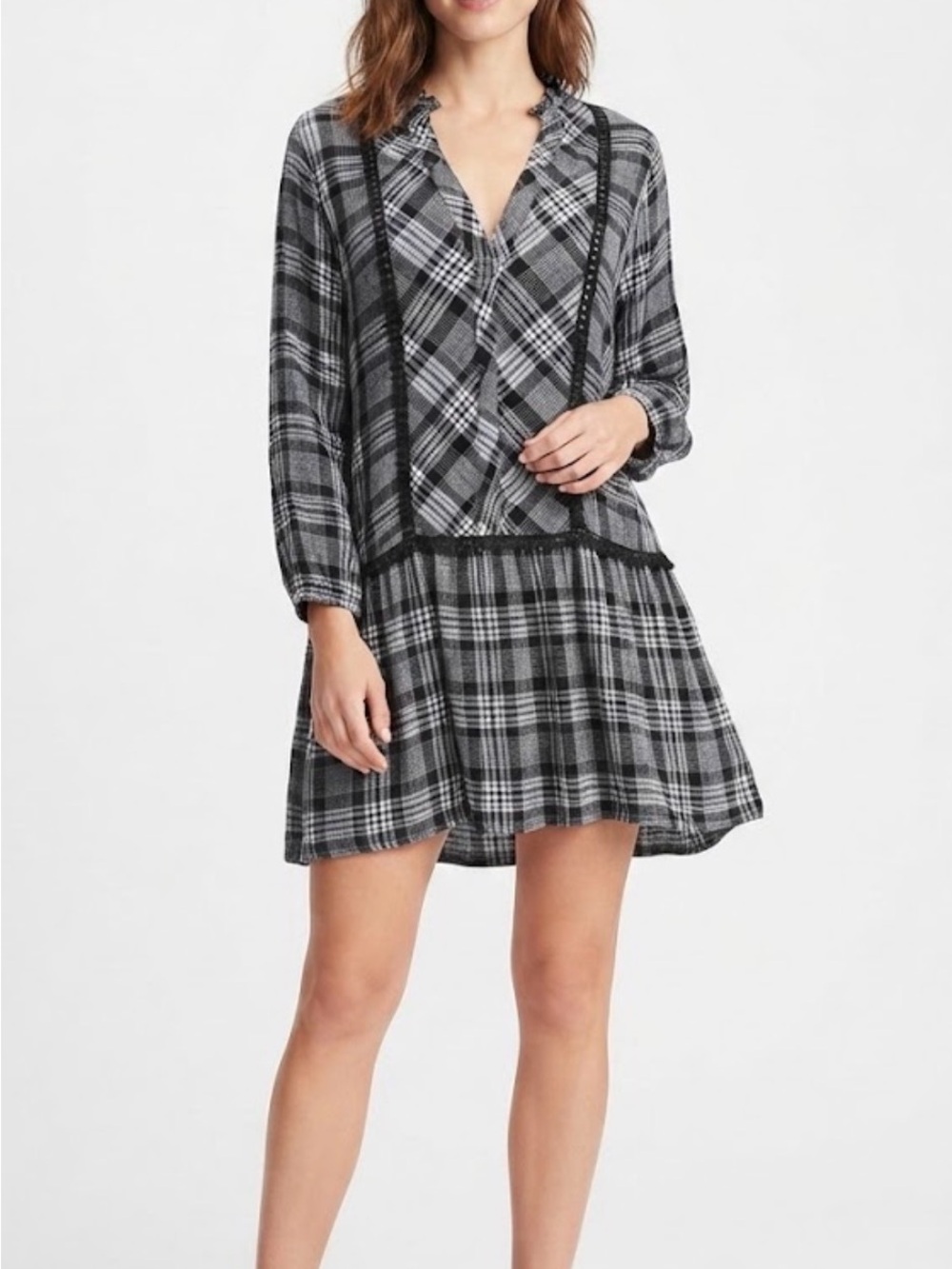 Zara Black & Gray Plaid V-Neck Mini Dress